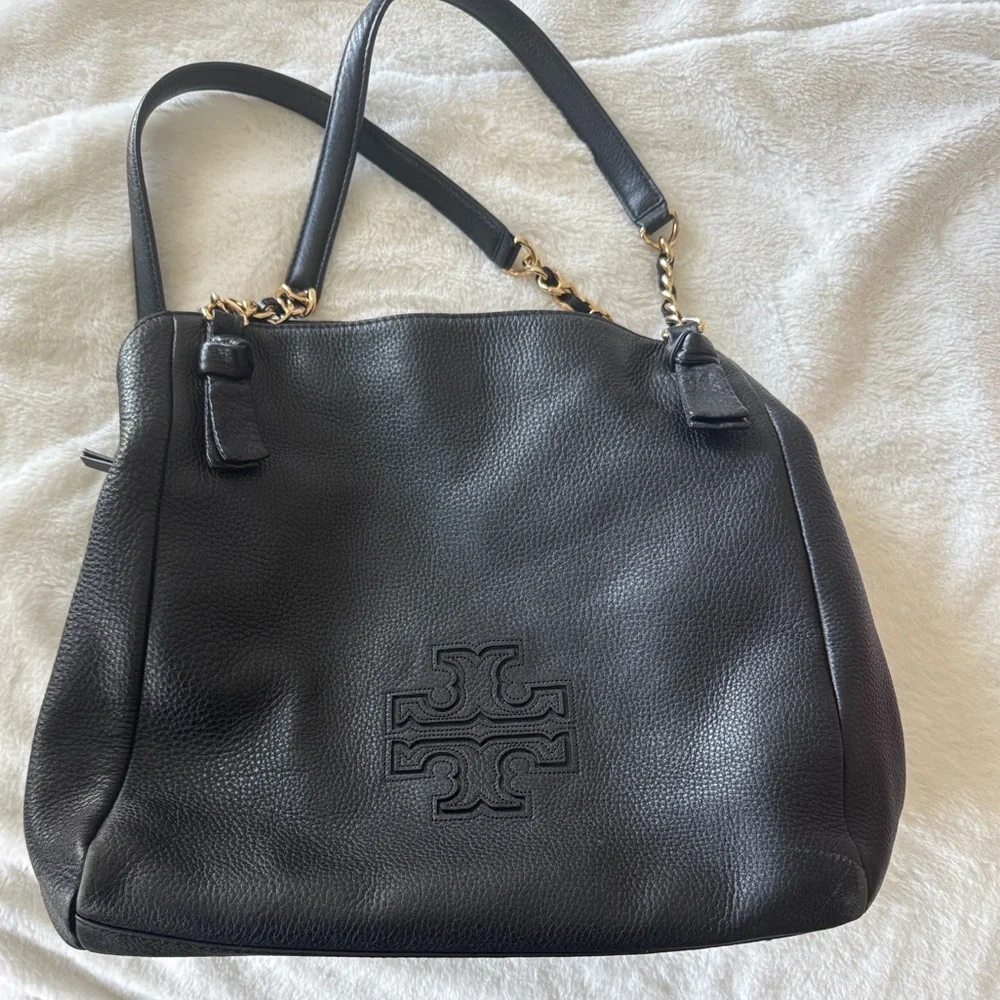 Tory Burch black leather gold chain Harper Tote shoulder handbag purse